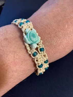 Handmade Cream Macrame Bracelet with Turquoise Turtle Accent
